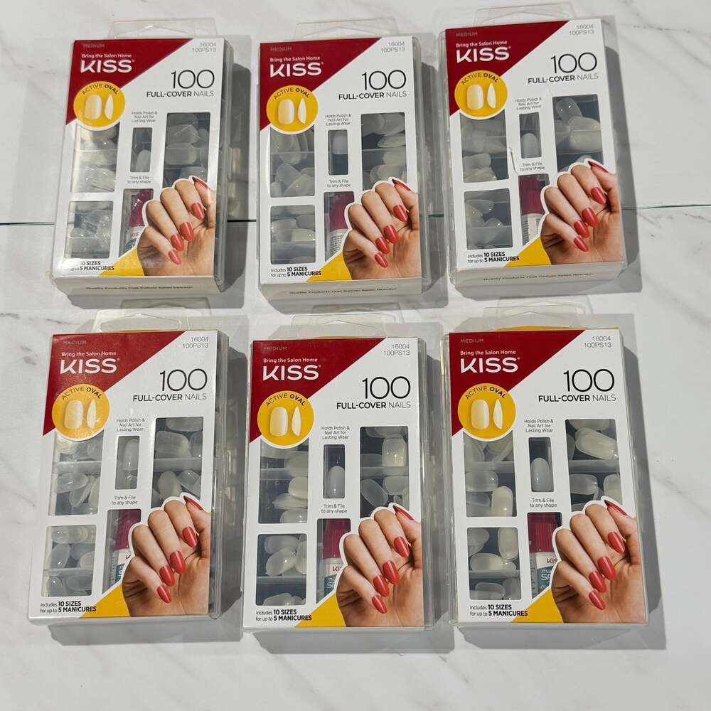 KISS 100 Full-Cover Press-On Nails x 6, Glue included, Active Oval Shape Clear
